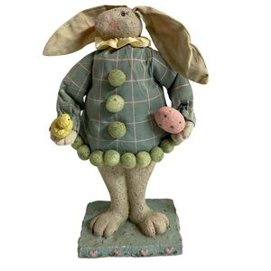 Vintage Paper-Mache and Fabric Charming Green and Cream Country Bunny Accent